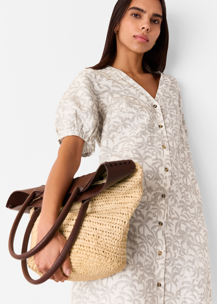 Ivory Palm Print Linen Blend Dress