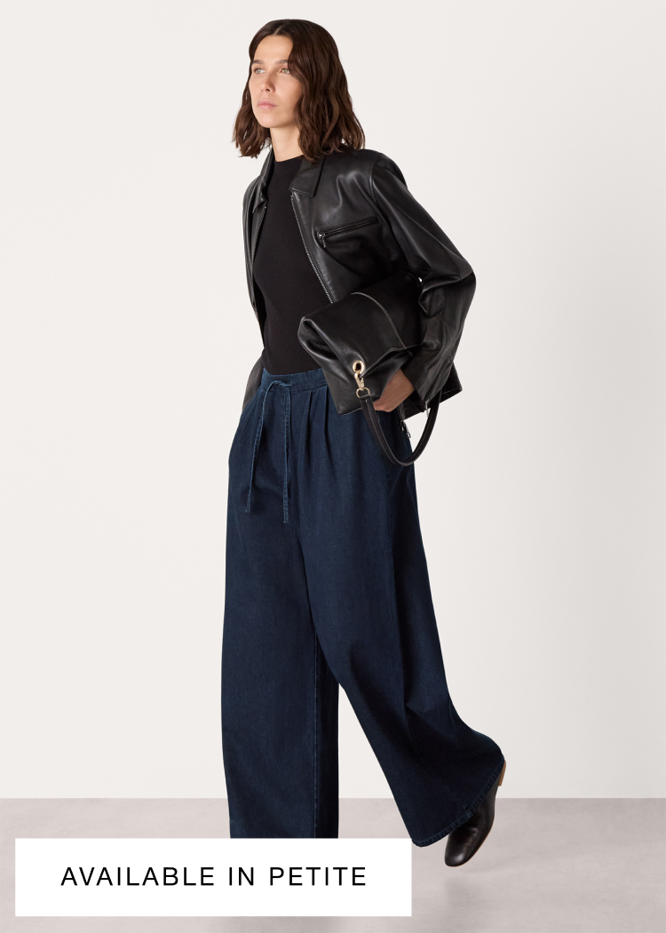 Dark Denim Cotton Wide Leg Pleat Trouser