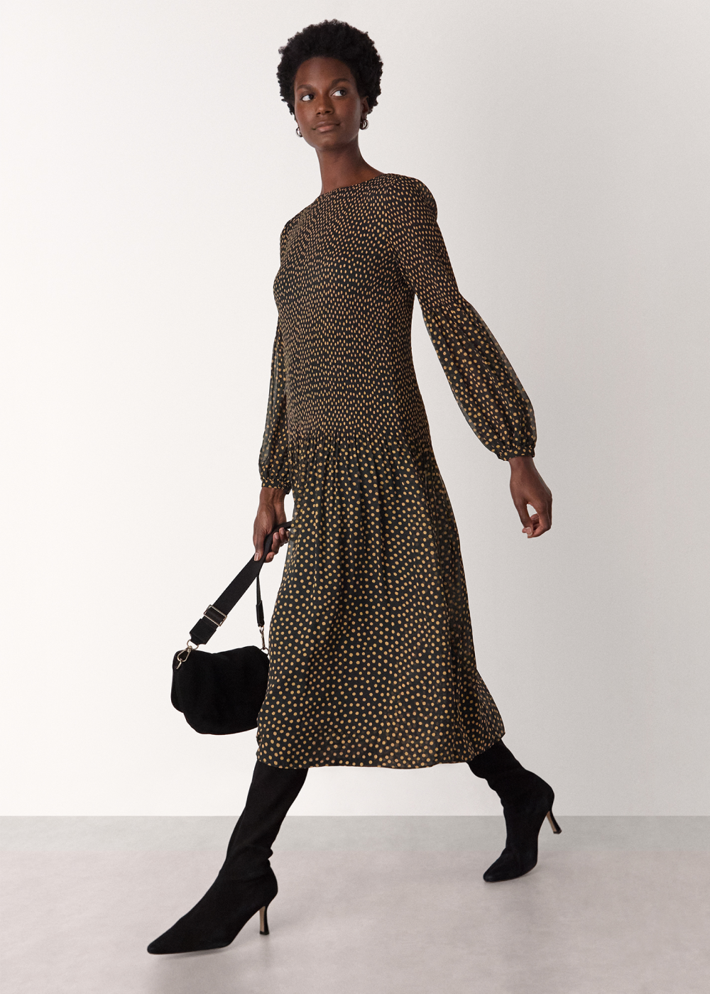 Black Spot Print Plisse Midi Dress