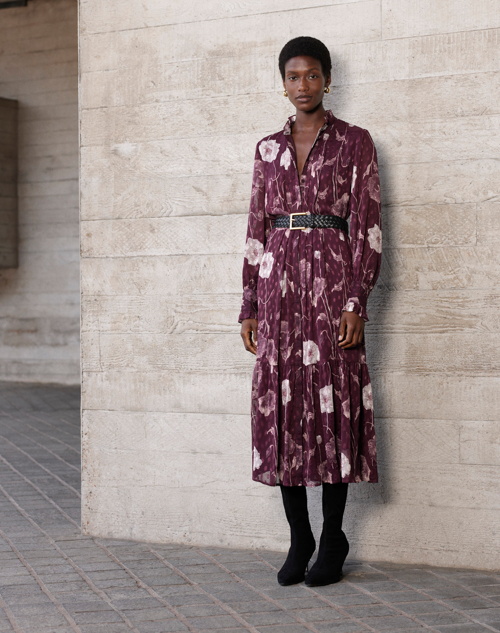 Burgundy Floral Dobby Midi Dress