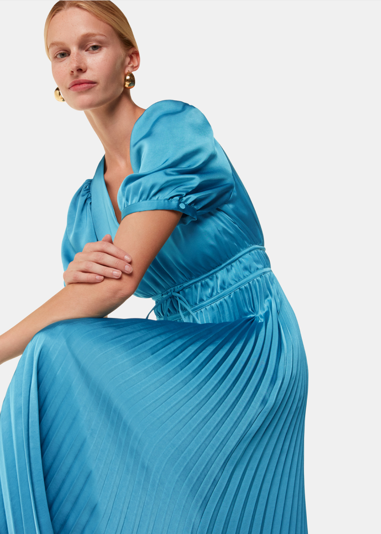 Blue Delilah Satin Pleat Dress