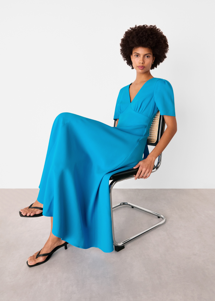 Blue Panel Detail V-Neck Maxi Dress