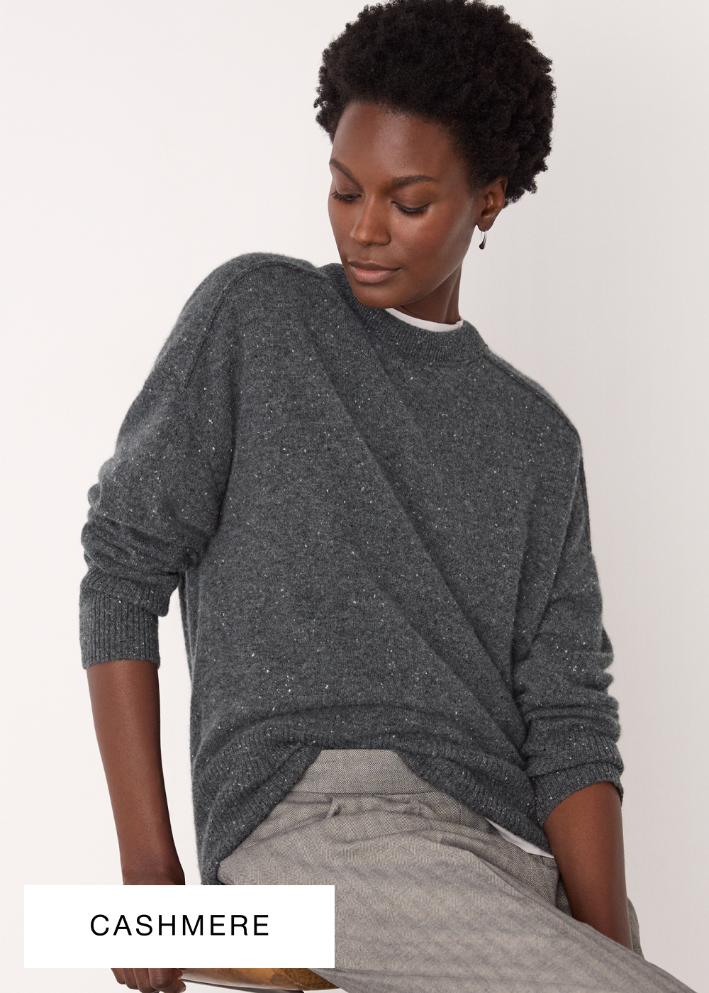 Dark Grey Cashmere Fleck Seam Neck Knit