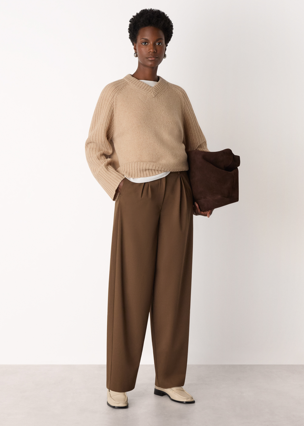 Brown Wool Blend Barrel Trouser