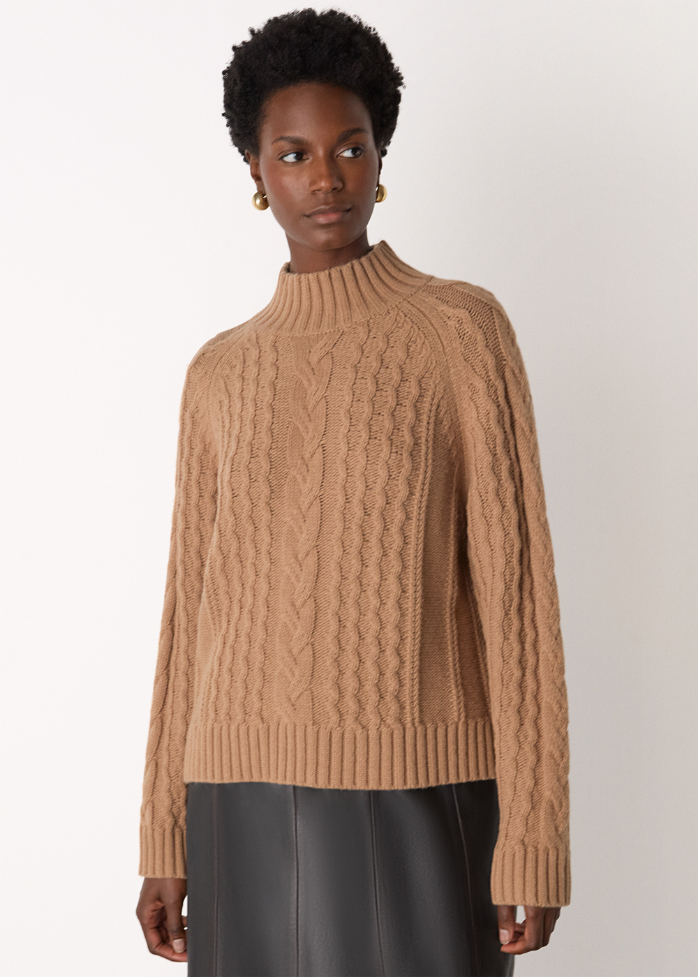 Camel Cable Wool Mix Detail Knit