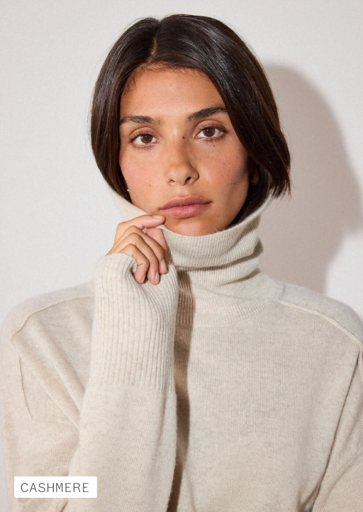 Oatmeal Cashmere Seam Roll Neck Knit