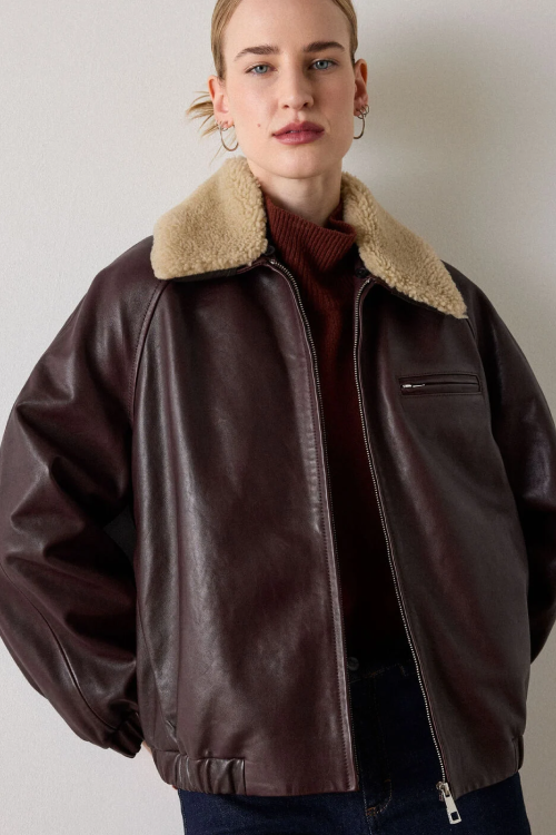 Burgundy Shearling Trim Leather Bomber