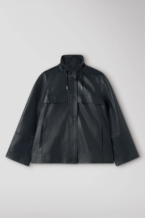 Navy Leather Funnel Neck Anorak