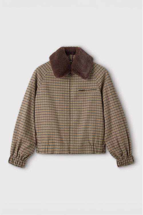 Brown Faux Fur Collar Check Bomber