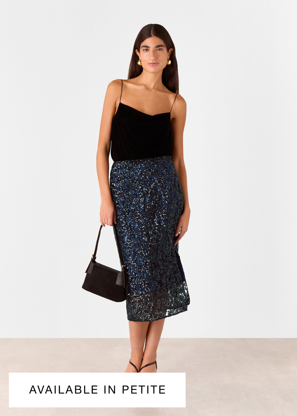 Black Floral Sequin Midi Skirt