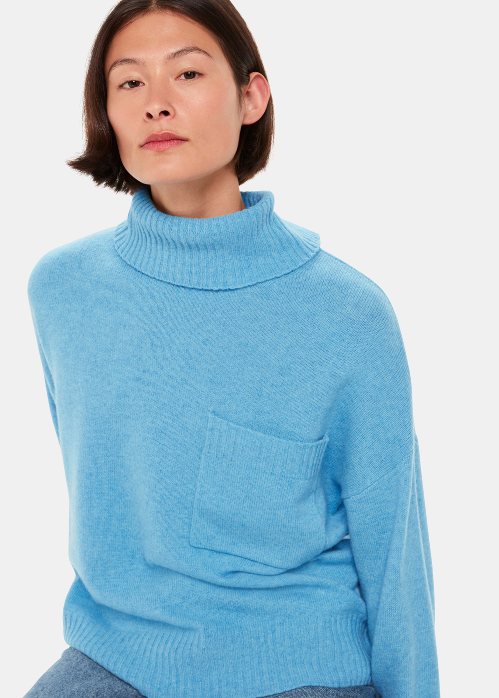 Blue Wool Roll Neck Pocket Sweater