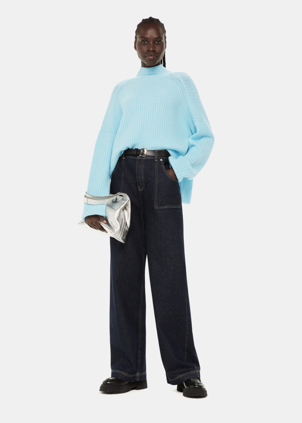 Pale Blue Wool Mix Rib Funnel Neck