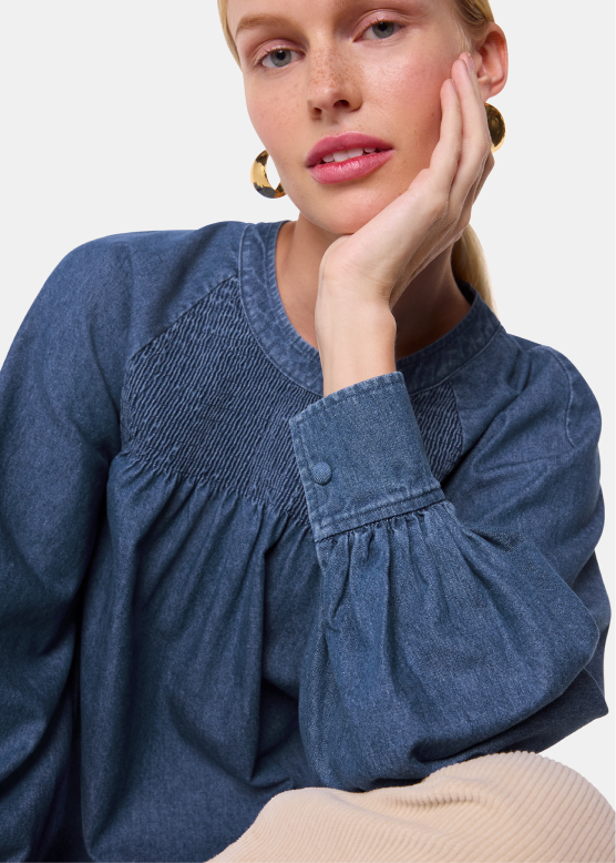 Denim Smocked Denim Blouse