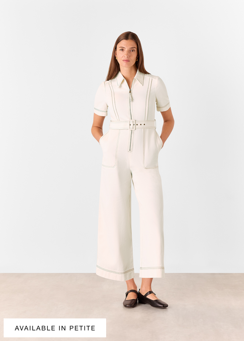 Ivory Denim Pintuck Belted Jumpsuit