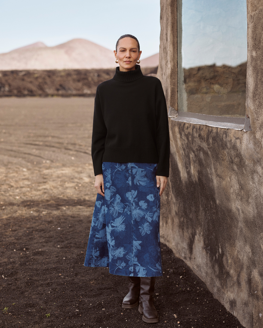 Denim Chalk Print Midi Skirt