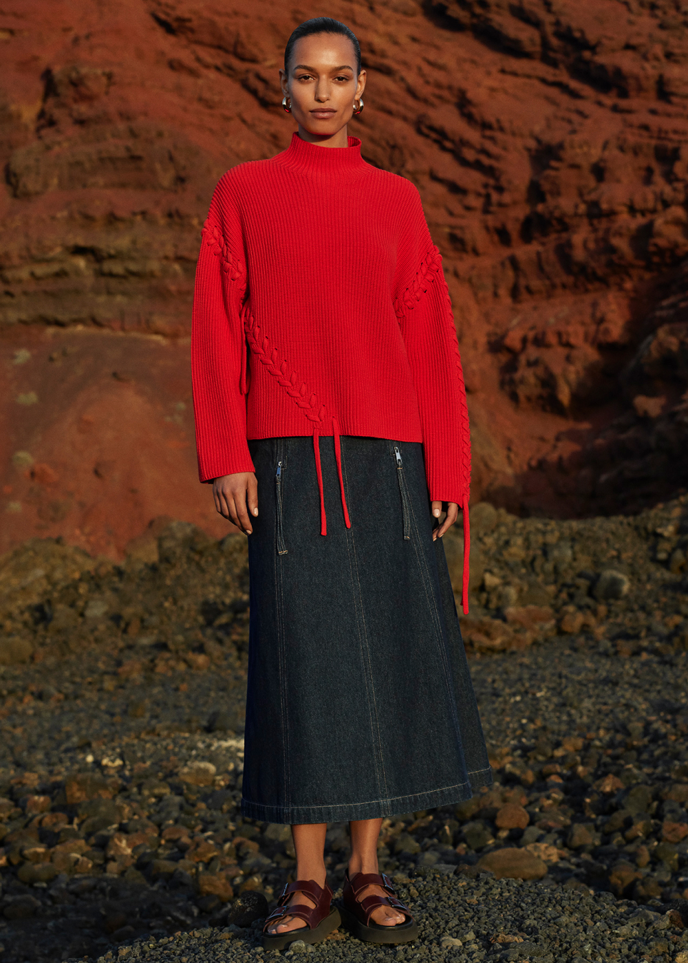 Red Lacing Detail Rib Sweater