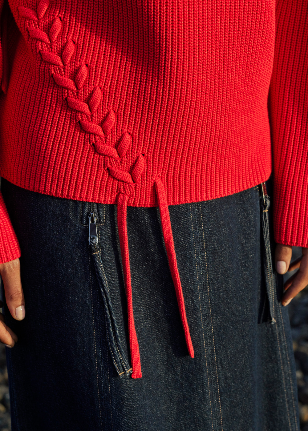 Red Lacing Detail Rib Sweater