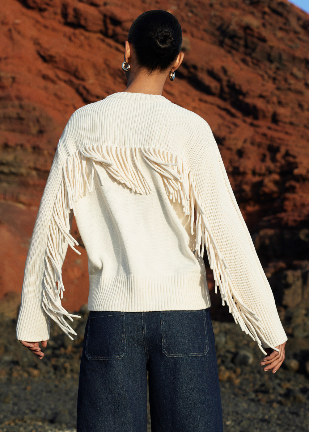 Ivory Fringed Rib Detail Sweater