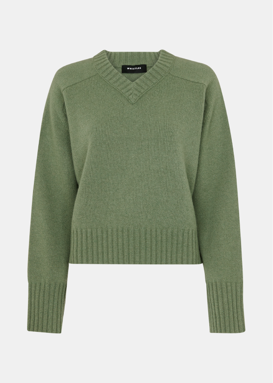 Sage Green Wool V Neck Knitted Jumper