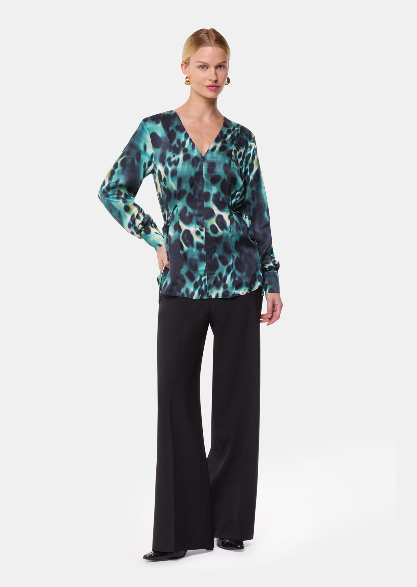 Green Misty Leopard V Neck Blouse