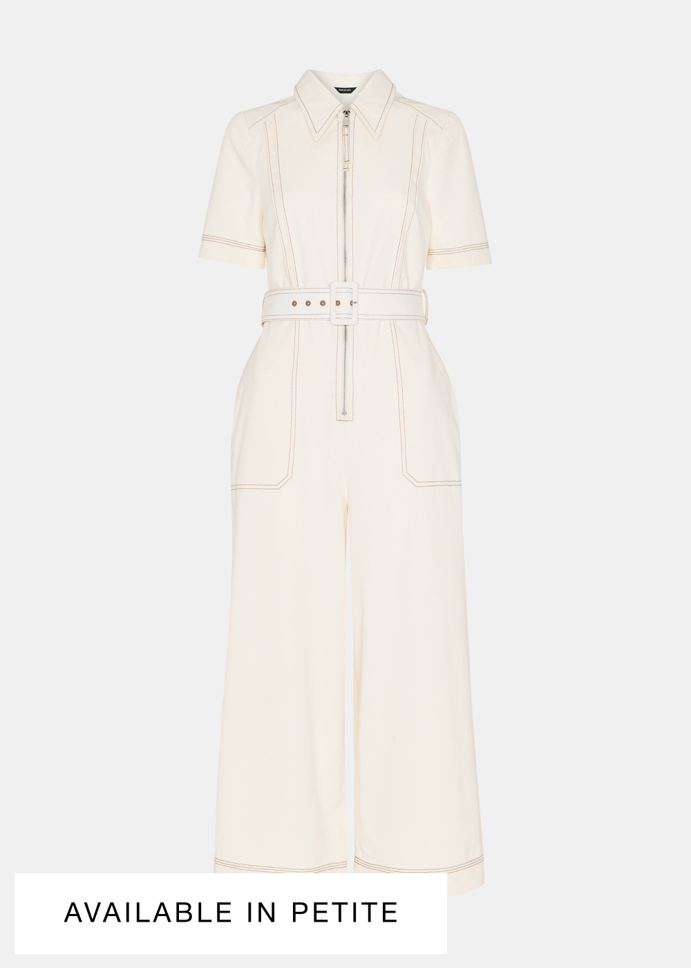 Ivory Denim Pintuck Belted Jumpsuit