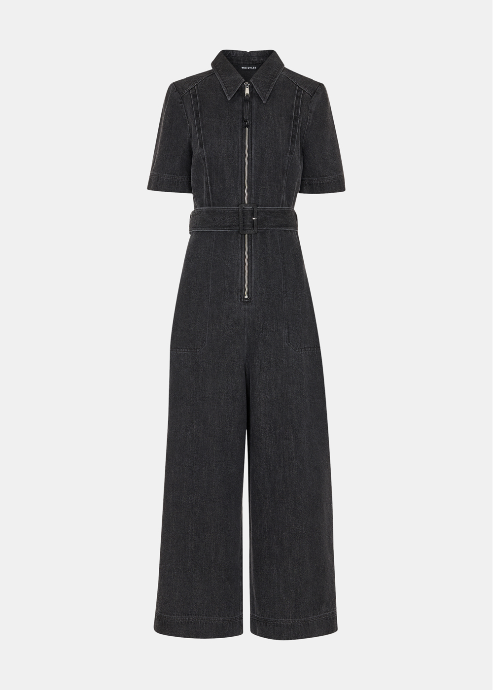 Washed Black Denim Pintuck Belted Jumpsuit