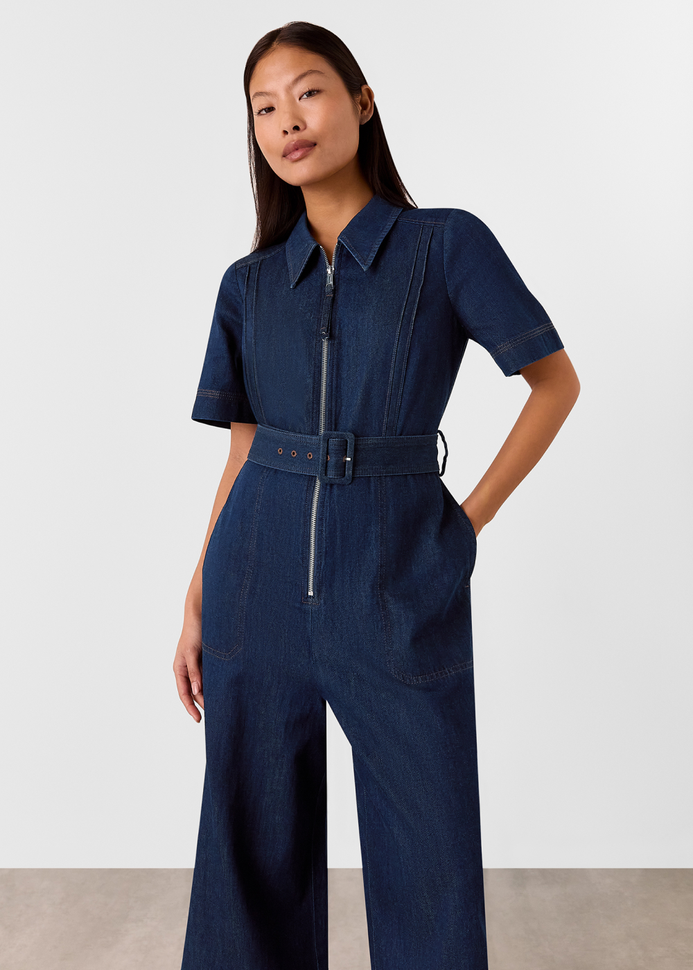 Denim Pintuck Belted Jumpsuit