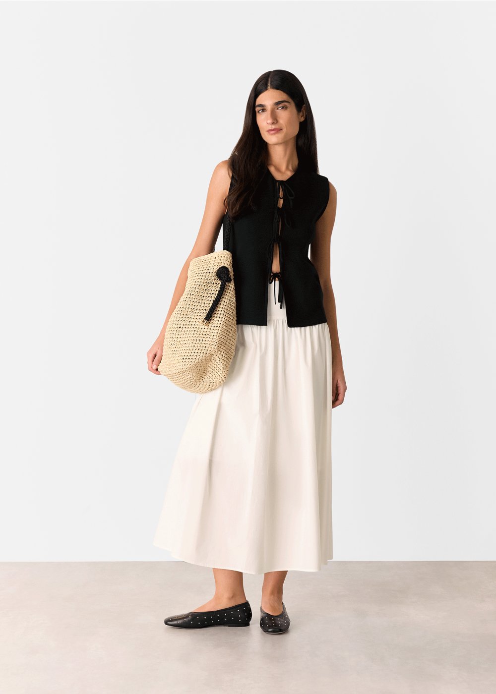 White Cotton Waisted Midi Skirt