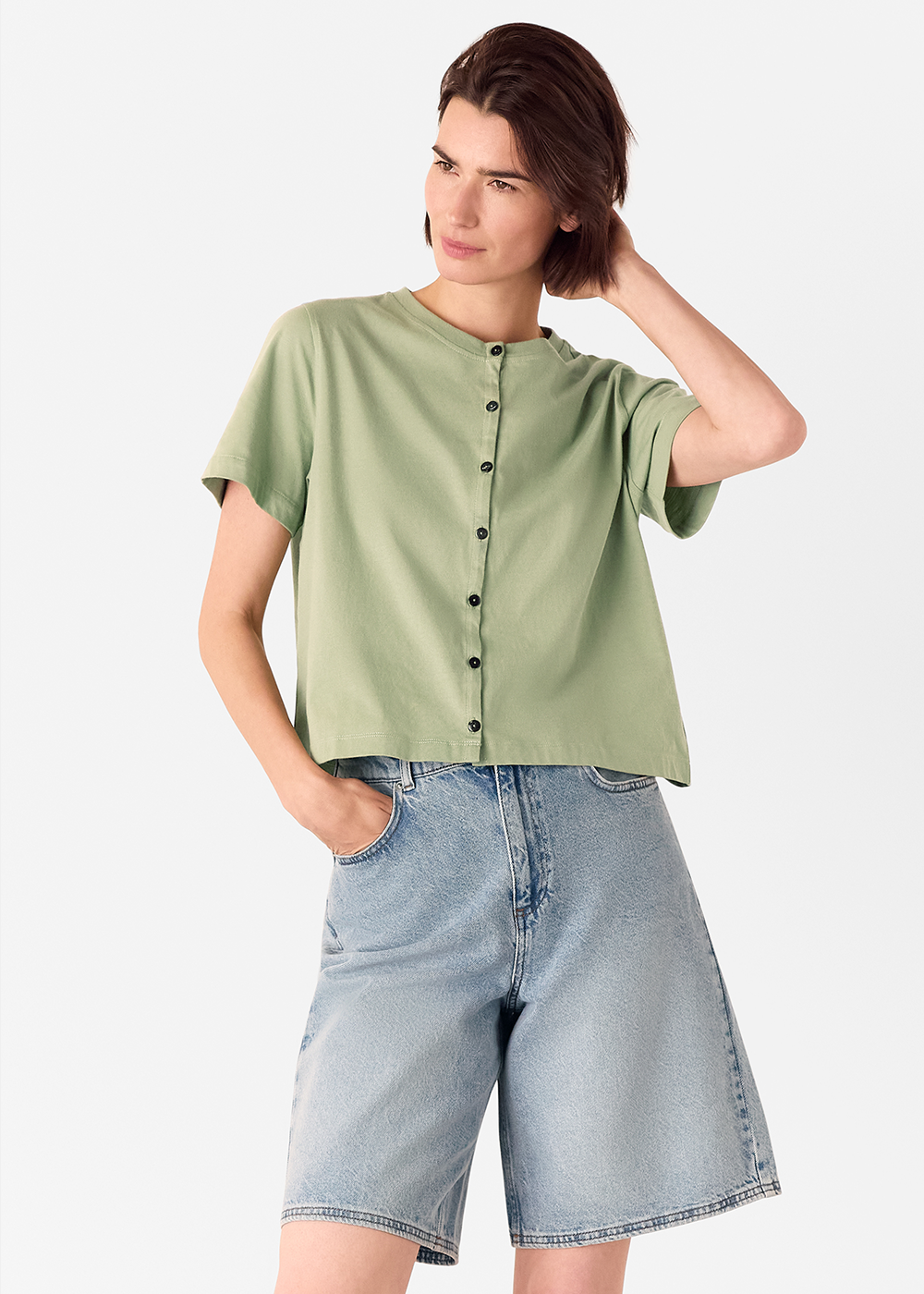 Sage Green Round Neck Button Up Tee