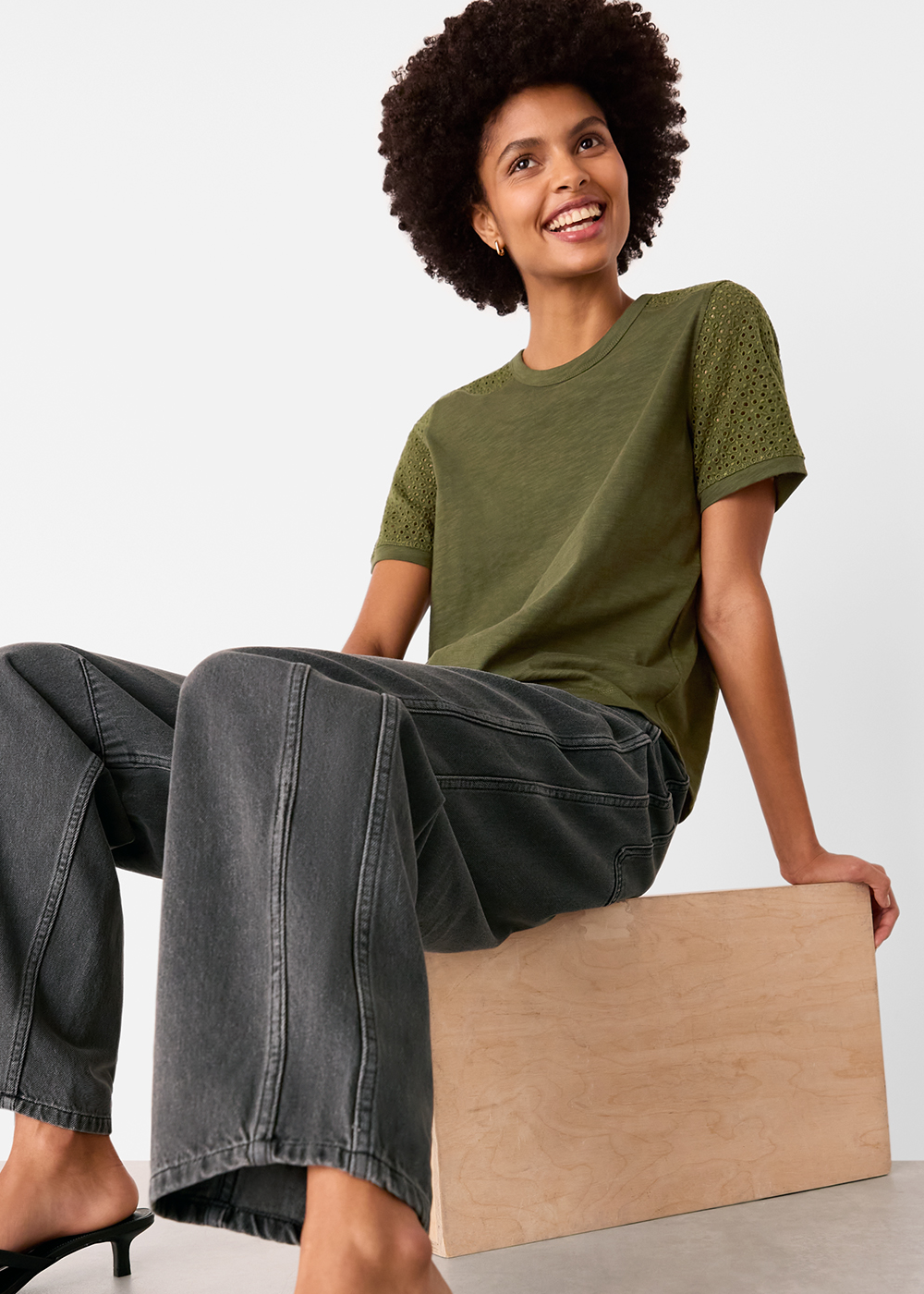 Khaki Broderie Sleeve Detail Tee