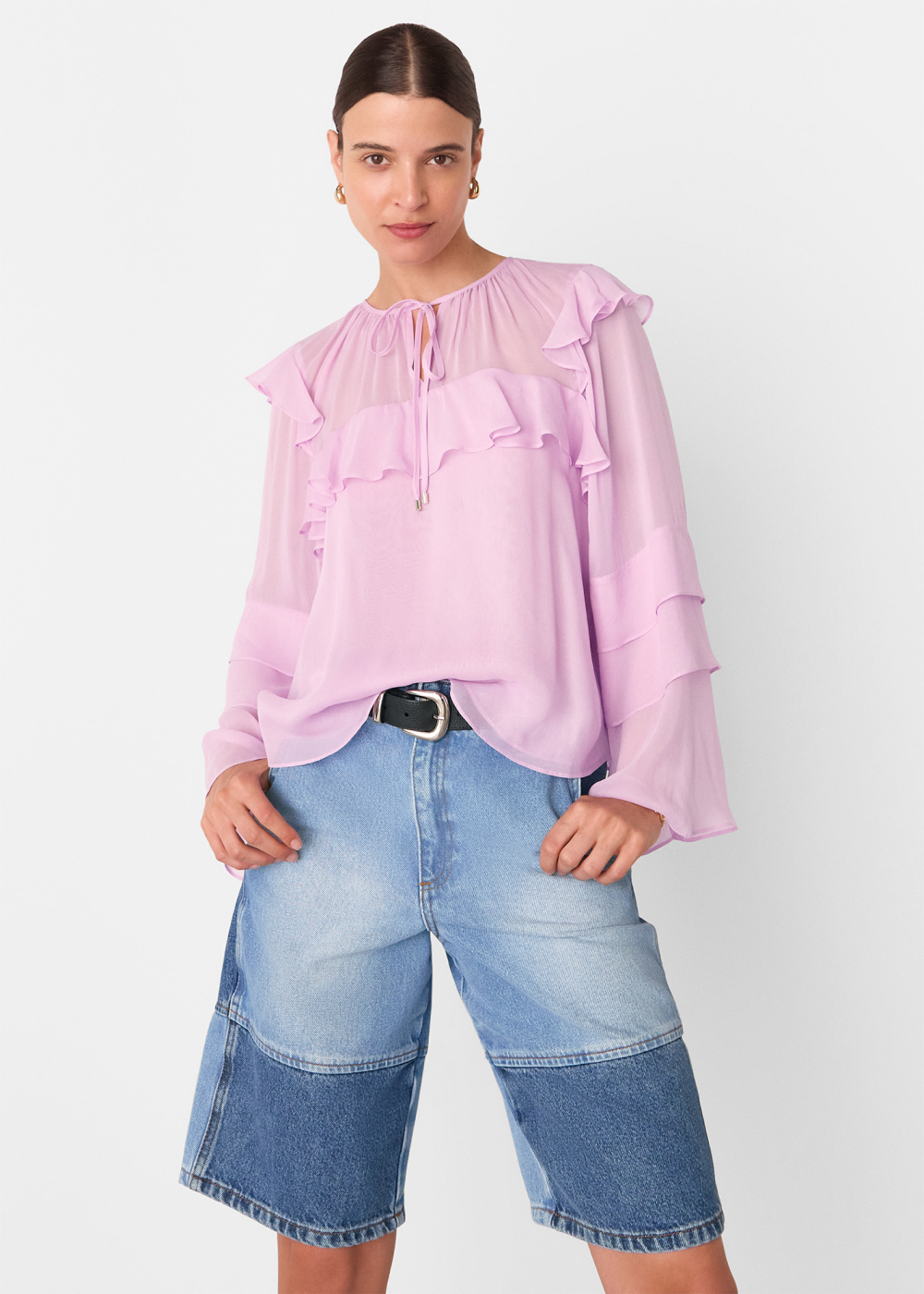 Sheer Tie Neck Frill Blouse