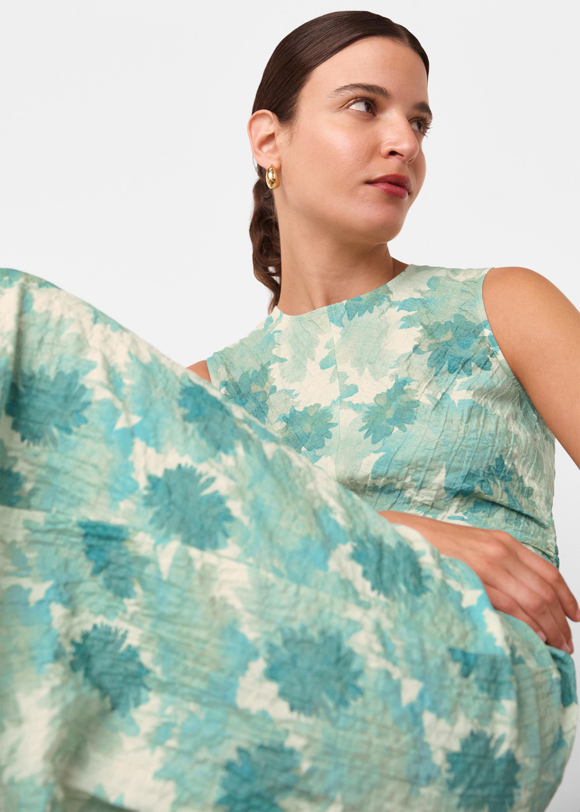 Blue Floral Textured Midi Dress