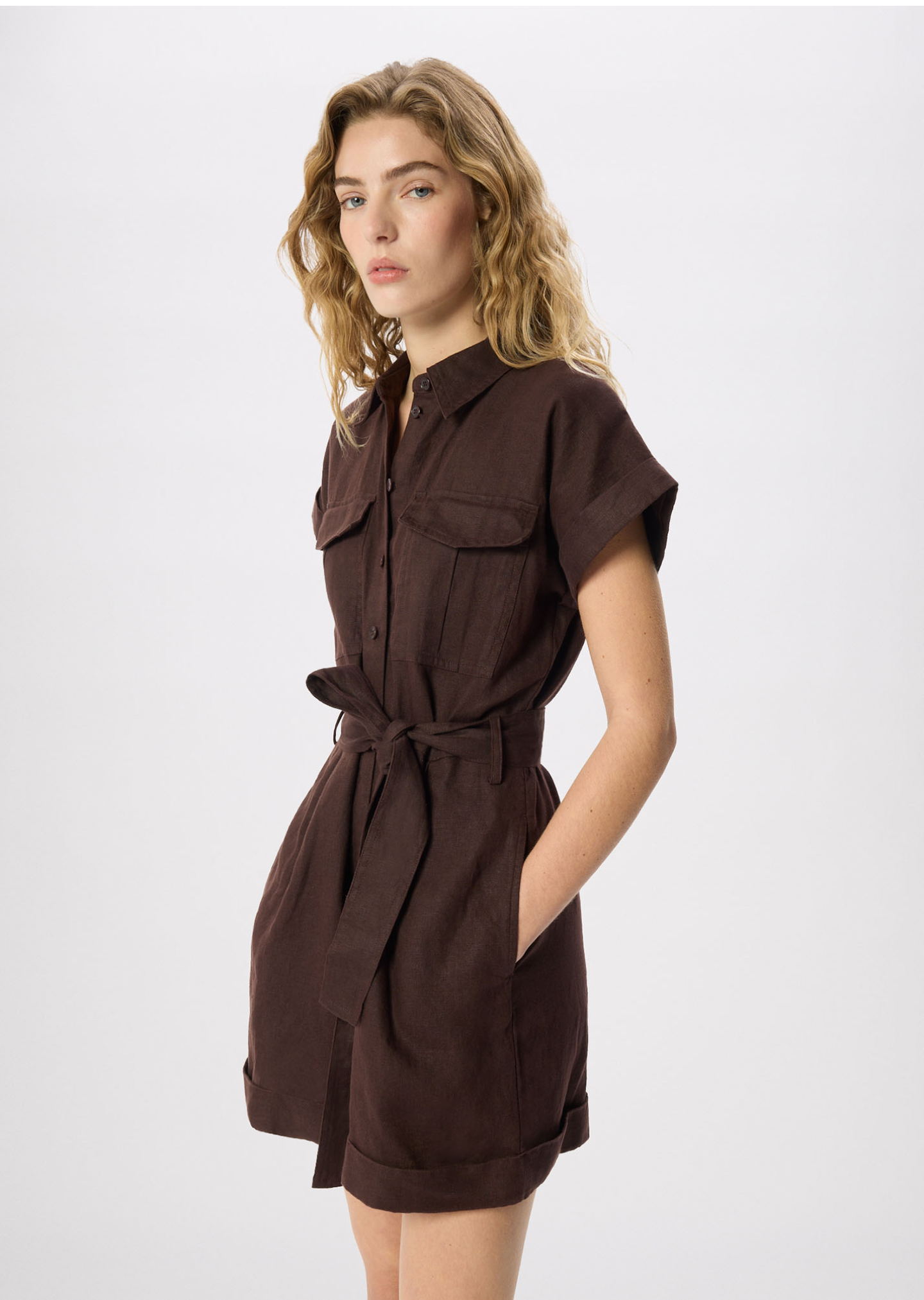 Chocolate Pocket Detail Linen Playsuit