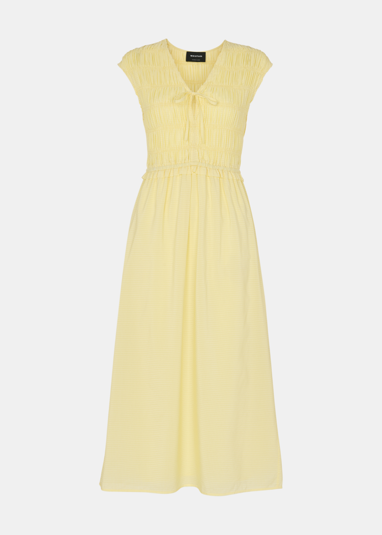 Lemon Shirred Bodice V Neck Dress