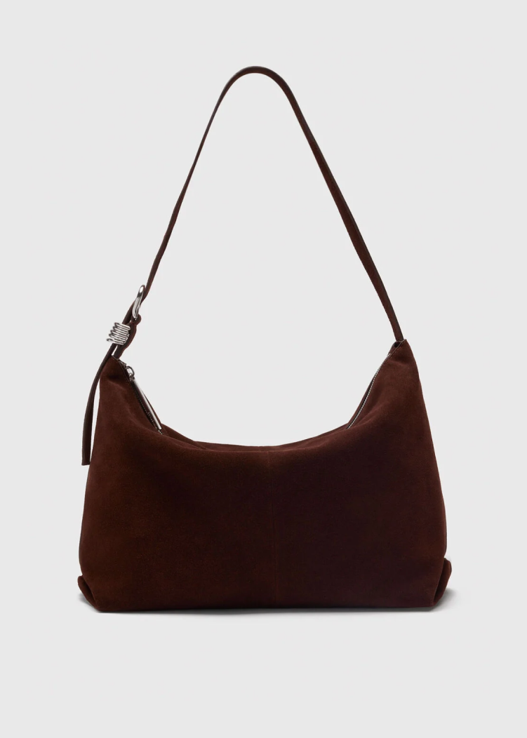 Chocolate Ring Detail Suede Shoulder Bag