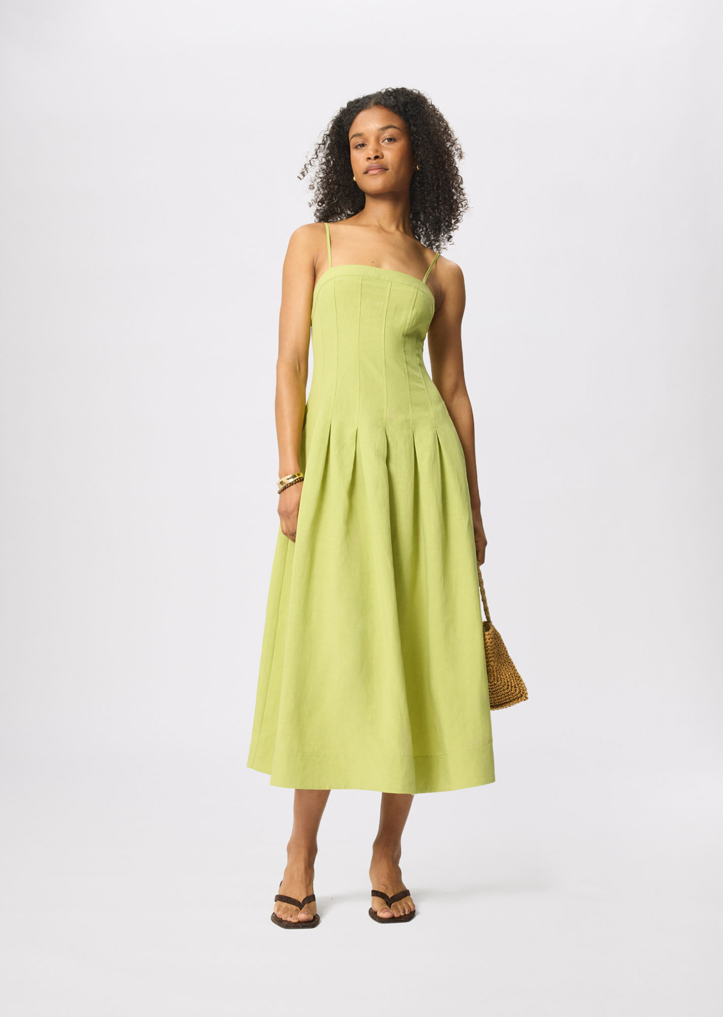 Green Linen Blend Waisted Midi Dress