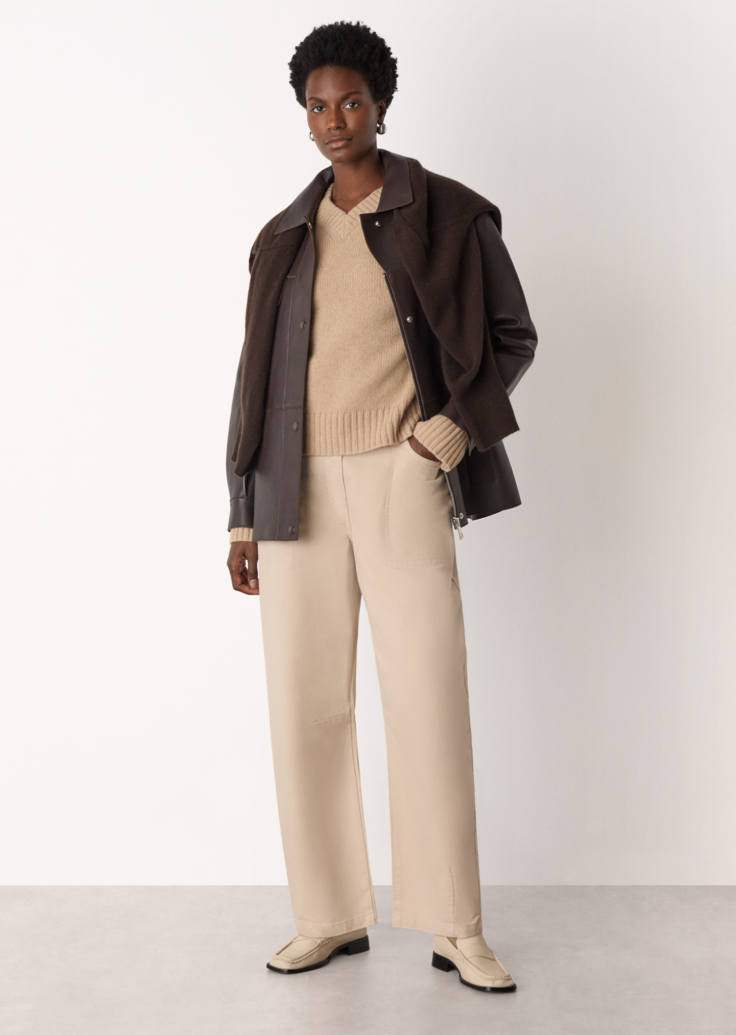 Camel Wool Ribbed Sleeve V Neck Knit