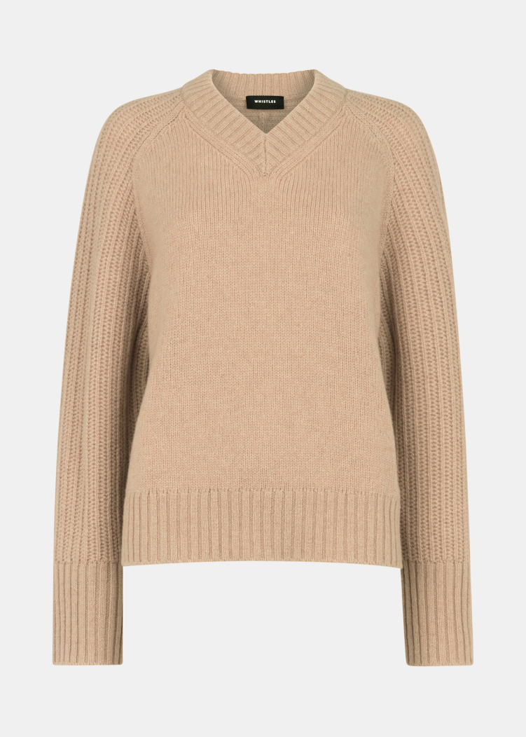Camel Wool Ribbed Sleeve V Neck Knit