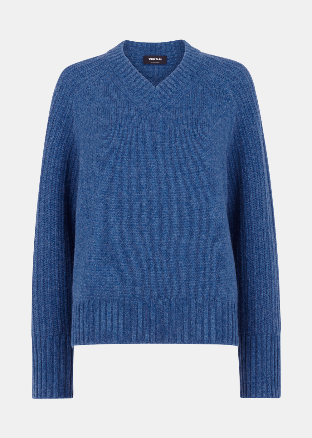 Blue Wool Ribbed Sleeve V Neck Knit