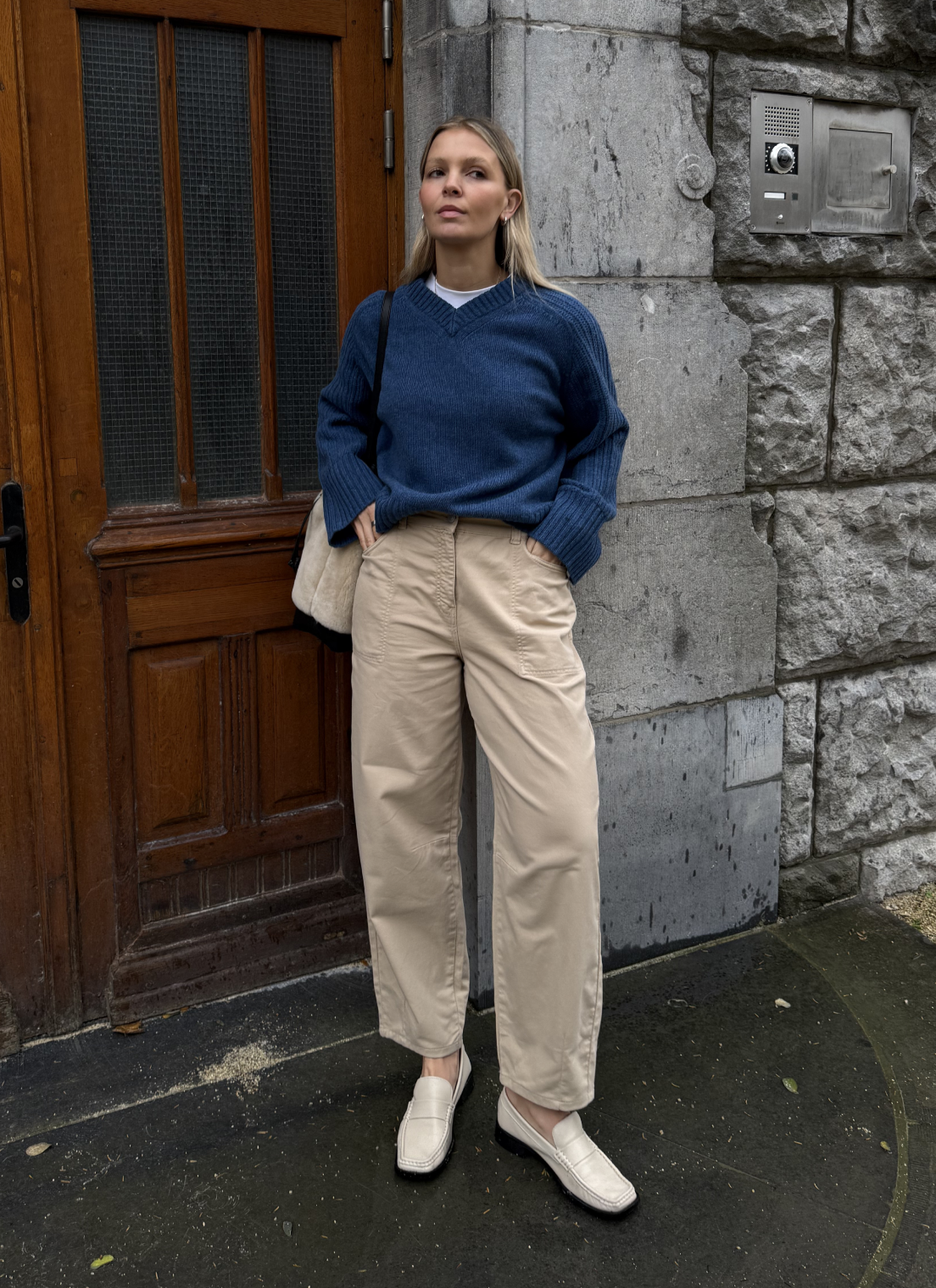 Blue Wool Ribbed Sleeve V Neck Knit