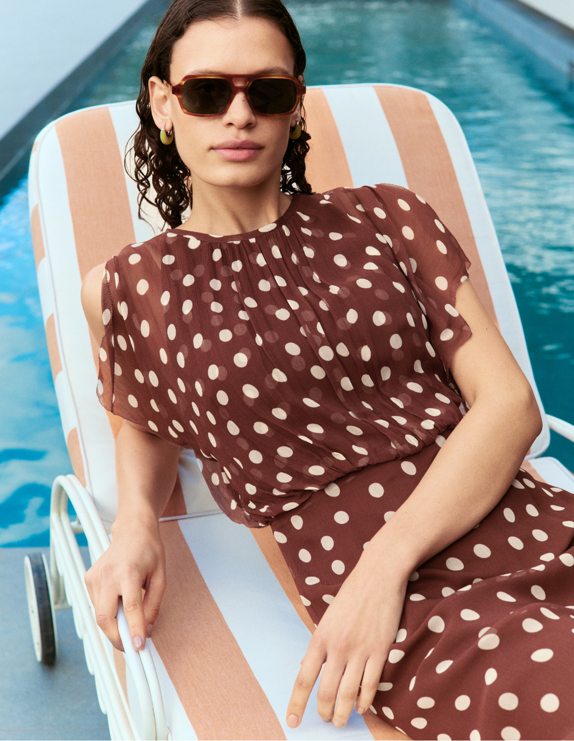 Brown Polka Dot Print Midi Dress