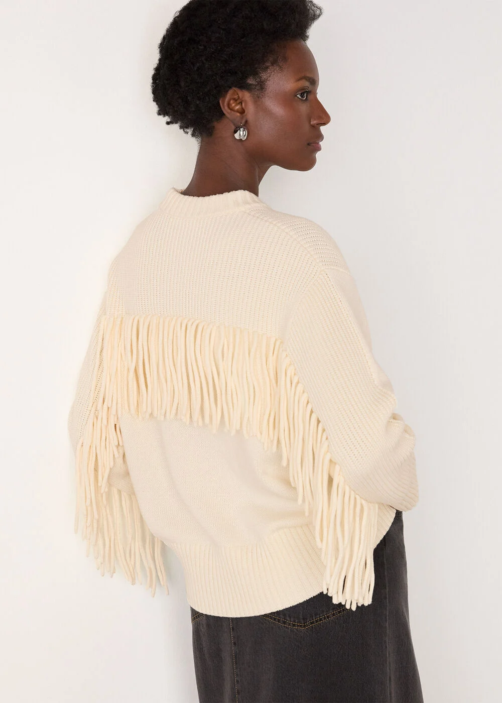 Ivory Fringe Rib Detail Cotton Knit