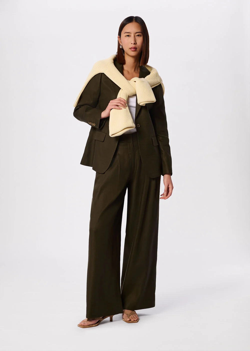 Khaki Wide Leg Hopsack Trouser