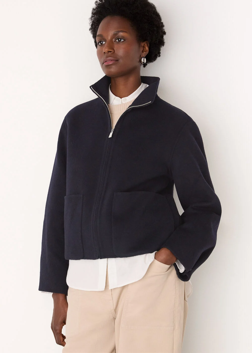 Navy Funnel Neck Double Face Jacket