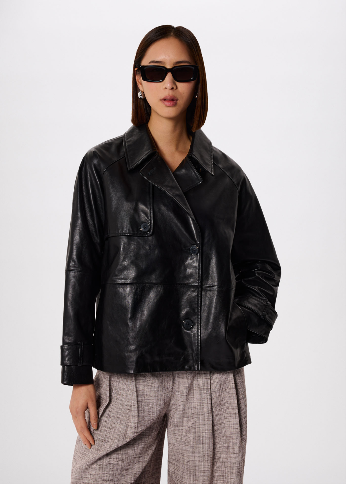 Black Short Leather Trench