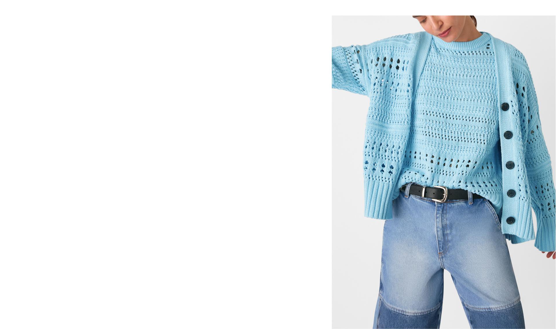 Blue Cotton Pointelle Cardigan