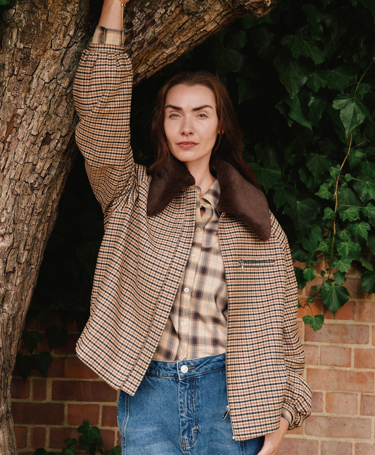 Brown Faux Fur Collar Check Bomber