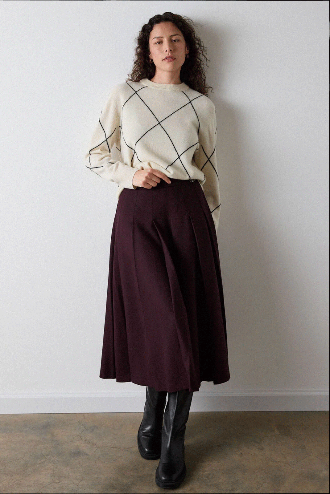Plum Wool Blend Pleated Kilt Skirt
