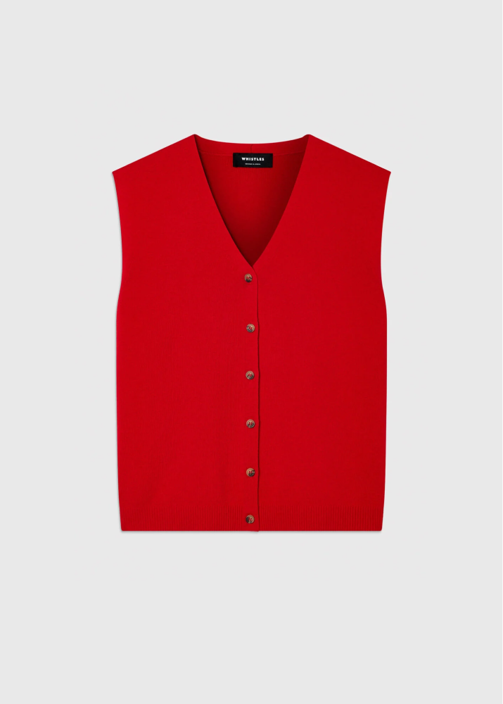 Red V Neck Button Front Knit Tank