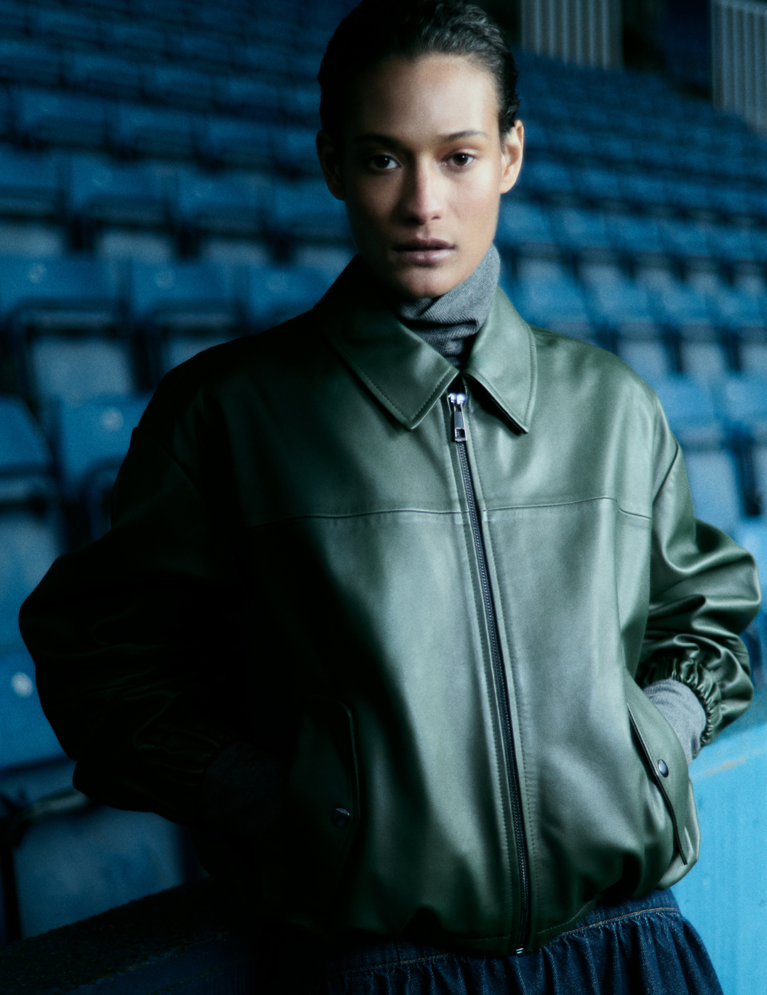 Khaki Frida Leather Bomber Jacket